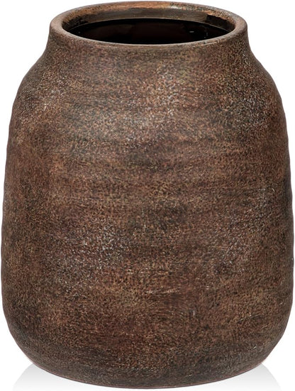 Briful 8.3in Rustic Ceramic Vase, Brown Vintage Flowers Vase, Extra-Large Rustic Farmhouse Vase, Whitewashed Terra Cotta Vase, Antique Pottery Pampas Vase for Home Living Room Kitchen Mantel Decor