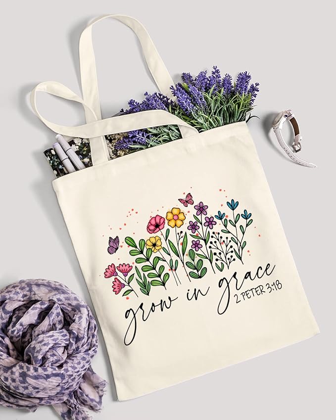 AUSVKAI Cute Canvas Tote Bag Aesthetic For Women Grocery Bag Cotton Beach Totes Gift For Grow in Grace