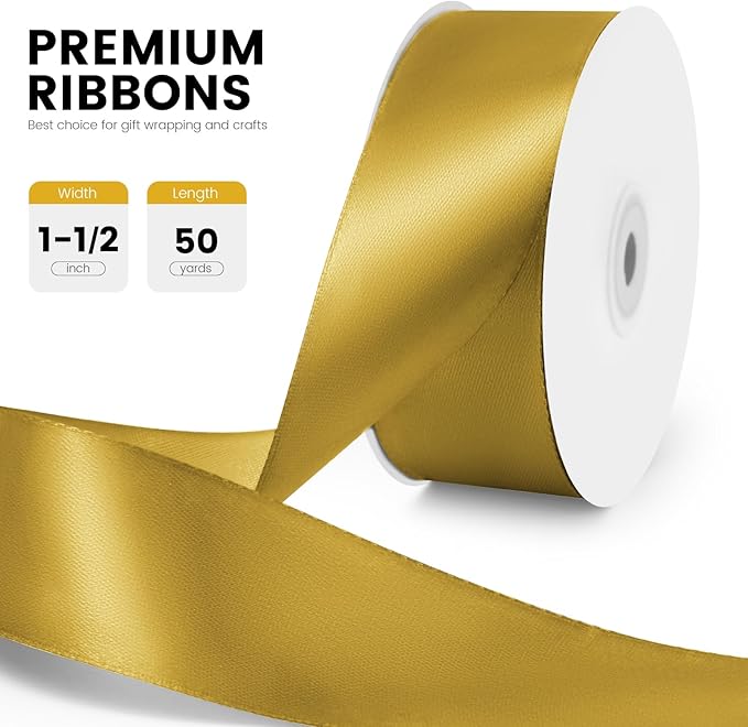 1-1/2" x 50 Yards Satin Ribbon - Gold Silk Ribbon with Spool - Ideal for Gift Wrapping, Floral Bouquets, Crafts, Wedding Party Decorations, Christmas and Sewing Projects