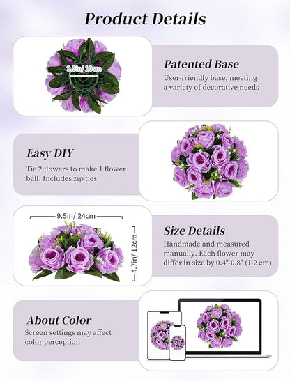 BLOSMON Flower Balls Wedding Rose Centerpieces: 2 Pcs Fake Flowers with Base White Kissing Balls Decor White Artificial Floral Arrangements Flower Bouquet of Roses Home Party Table DIY Decorations