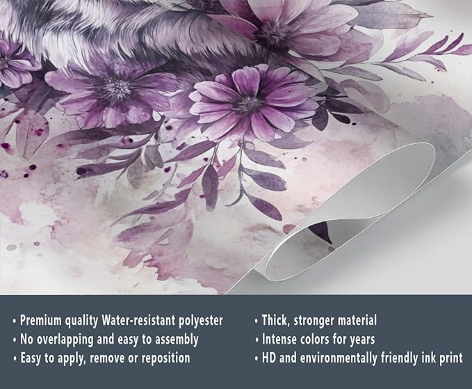 Wolf with Floral Watercolor Wall Mural, Purple Wolf Watercolor Art 3D Wall Murals, Art Flower Painting Wallpaper Mural, for Living Room Bedroom Large Wallpaper Indoor Decor 169.3" W x118.2 H