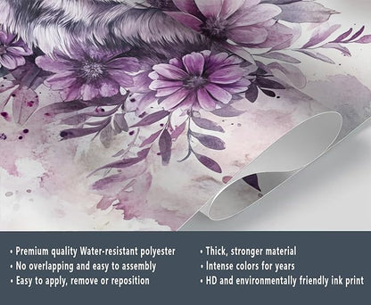 Wolf with Floral Watercolor Wall Mural, Purple Wolf Watercolor Art 3D Wall Murals, Art Flower Painting Wallpaper Mural, for Living Room Bedroom Large Wallpaper Indoor Decor 177.16" W x120 H