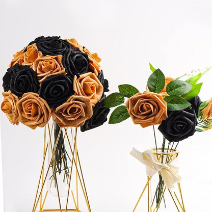 Black and Gold Flowers Artificial Roses for Centerpieces, 50PCS Fake Flowers for Wedding Decorations Bouquets Baby Shower Centerpieces Home Decor Arrangements Party