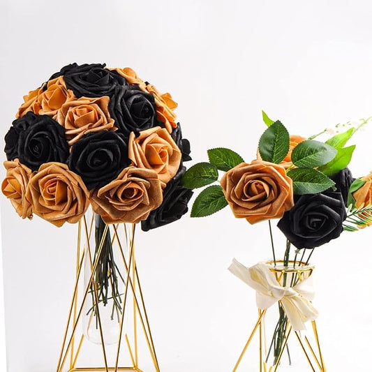 Black and Gold Flowers Artificial Roses for Centerpieces, 50PCS Fake Flowers for Wedding Decorations Bouquets Baby Shower Centerpieces Home Decor Arrangements Party