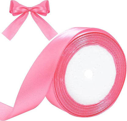 Pink Ribbon for Gift Wrapping, 1 inch Polyester Satin Hair Ribbon for Flower Bouquet, Weeding Decoration, Baby Shower, Crafts Bows Fabric Christmas Ribbons 25 Yards