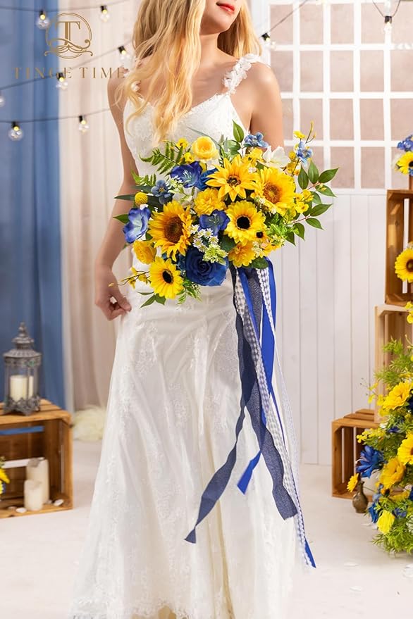 TINGE TIME 13 InchWedding Bouquets for Bride,Bridal Bouquet for Bride, Artificial Silk Sunflowers for Graduation Bouquet, Fake Flowers for Wedding Ceremony and Anniversary (Sunflower&RoyalBlue)