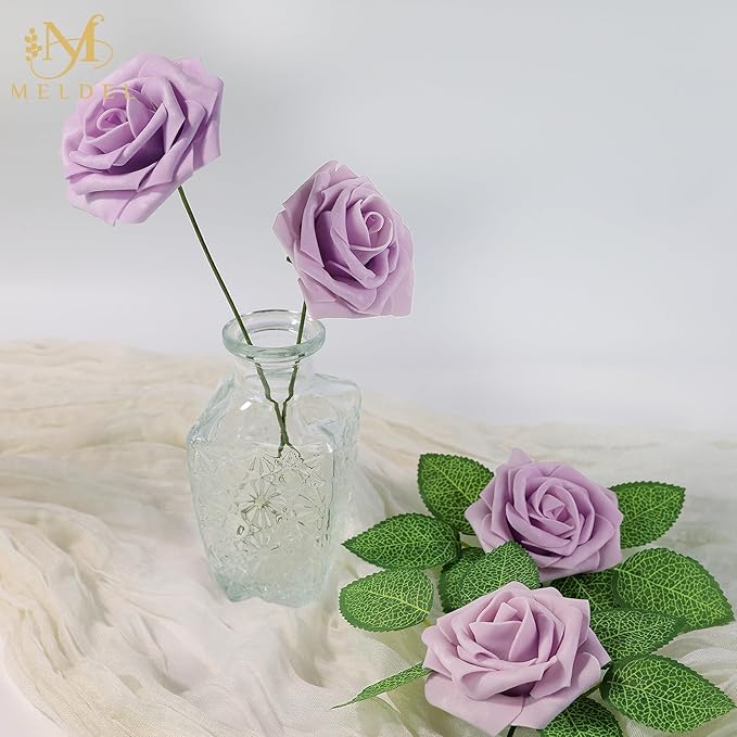 Meldel Artificial Flowers 50pcs Real Looking Dusty Violet Pale Lavender Foam Fake Roses with Stems for DIY Wedding Bouquets Bridal Shower Centerpieces Floral Arrangements Home Decorations Bulk Rose