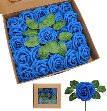 Artificial Roses Flowers 50pcs Real Looking Foam Fake Roses with Stems for DIY Wedding Bouquets Bridal Shower Centerpieces Party Decorations (50, Navy Blue)