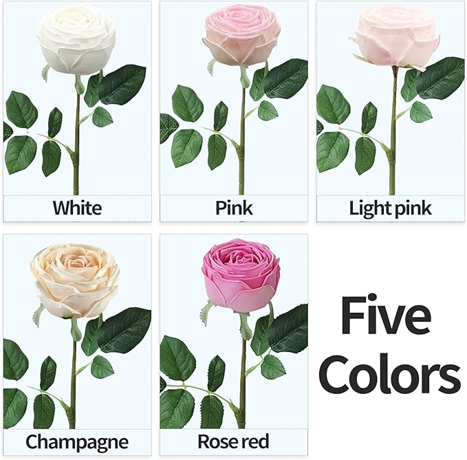 5Pcs Mixed Real Touch Artificial Silk Flowers with Stems - Lifelike Latex Austin Rose Peony for Wedding Bouquets, Home Decor, DIY Floral Arrangements