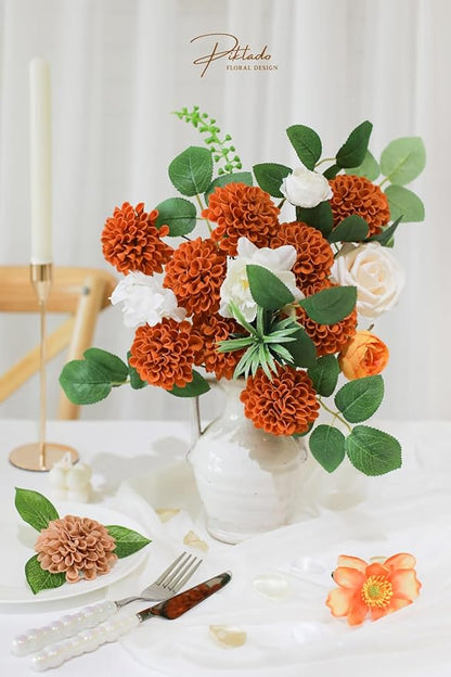 Artificial Wedding Cake Flowers Dahlia Flowers 25 pcs with Stem for DIY Wedding Decor Centerpieces Arrangements Bouquets (Orange)