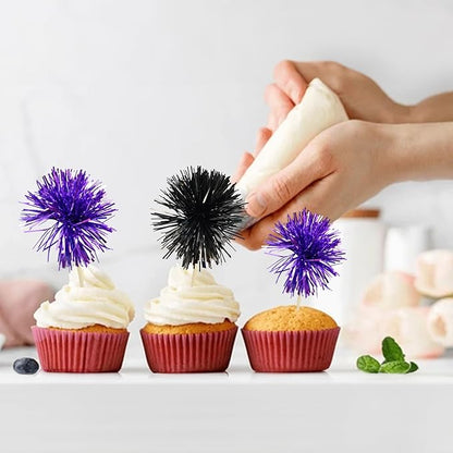 Gyufise 30Pcs Foil Firework Cupcake Toppers Sparkle Tinsel Cake Toppers Tinsel Drink Cake Decoration Cocktail Picks for Birthday Wedding Graduation Party Supplies Black Purple