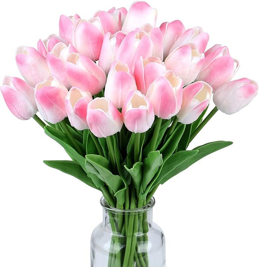 SITUMEIZI 15pcs Fake Tulips Artificial Flowers Real Touch Pink 14" Silk Flower for Home Kitchen Decor Spring Easter Wedding Bouquet Decorations Office Valentine's Day Gifts(Light Pink)
