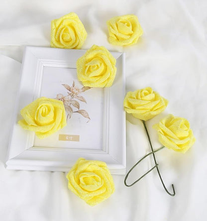 Yellow Glitter Roses 30 PCS Foam Flowers Glitter Roses with Stem Artificial Flowers for DIY Wedding Bridal Bouquet Party Centerpieces Decor(Yellow)