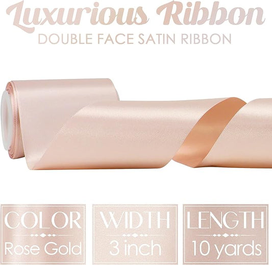 MEEDEE Rose Gold Satin 3 Inch Ribbon Lux Double Faced Satin Ribbon Christmas by 10 Yards Tree Ribbons Rose Gold Ribbons for Christmas Tree, Weddings, Flower Bouquet