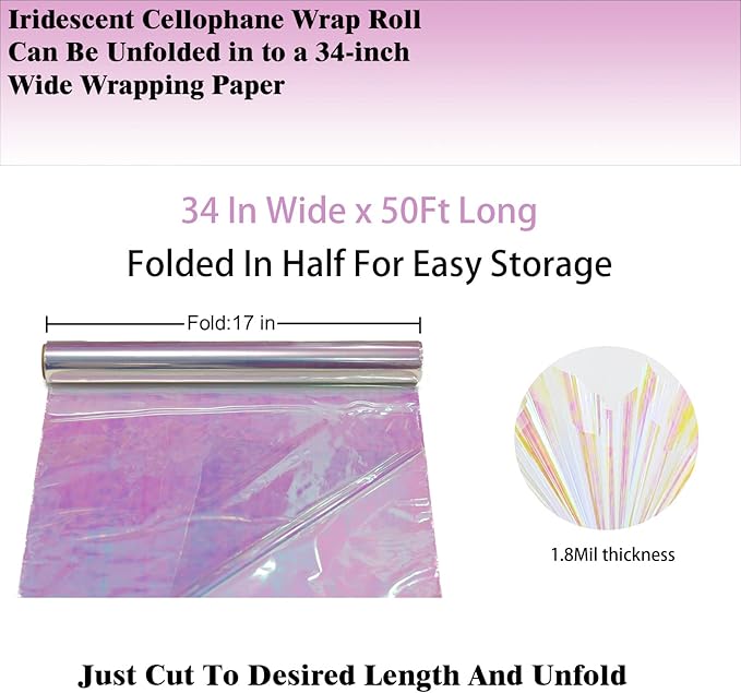 CMFYHM Iridescent Cellophane Wrap Roll I 34 In X 50 Ft I Rainbow Cellophane Roll, Rainbow Wrapping For Baskets,Gifts, Treats,Birthday Wedding Floral, Party Arts Crafts Decoration