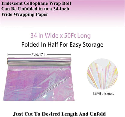 CMFYHM Iridescent Cellophane Wrap Roll I 34 In X 50 Ft I Rainbow Cellophane Roll, Rainbow Wrapping For Baskets,Gifts, Treats,Birthday Wedding Floral, Party Arts Crafts Decoration
