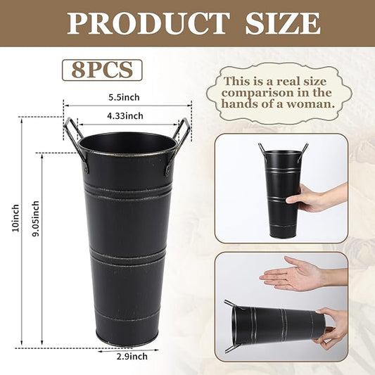 8pcs Small Galvanized Vase,Small Metal Vases Home Décor,Black Rustic Farmhouse Flower Vase,Rustic Vases for Centerpieces,Galvanized Metal Bucket with Handles (Black,10'' Height,Set of 8)