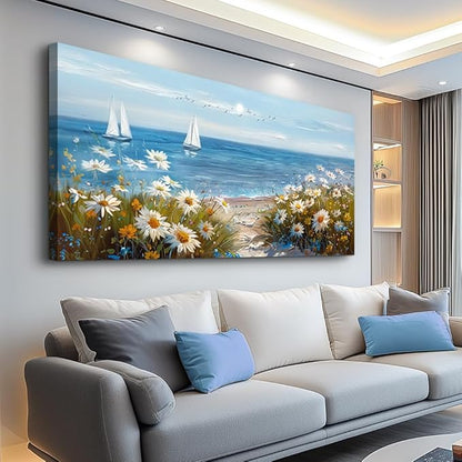 PHAOHUAXM Home Decor Printing Canvas Picture Blue Ocean Landscape Painting Wall Art For Living Room Farmhouse Dinin Mural White Flowers Bedroom Office Wall Decoration Artwork Easy To Hang 20x40 In