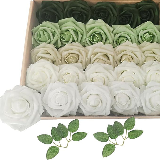 Artificial Fake Flowers 25pcs Roses, Shade of Light Green Foam Rose Faux Flower for DIY Wedding Bouquets Bridal Shower Centerpieces Floral Arrangements Party Tables Home Decorations
