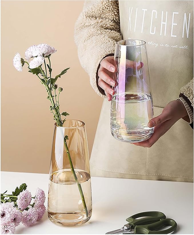 FANTESTICRYAN Modern Glass Vase Irised Crystal Clear Glass Vase for Home Office Decor (Crystal Amber)