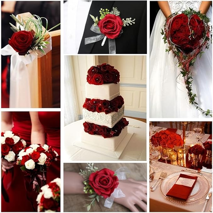Artificial Roses 12PCS Velvet Rose Real Touch Long Stem Fake Flowers Bulk for Flower Arrangement Wedding Home Party Decor (Red)