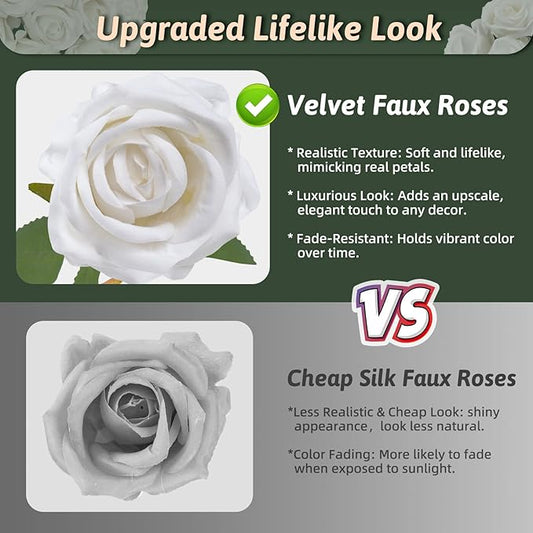 White Roses Artificial Flowers 50 Pack in Bulk, Fake Roses Flowers Realistic Roses for Wedding Home Party Decoration Event Gift (White)