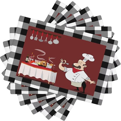 Chef Kitchen Linen Placemats Set of 6 Black White Buffalo Plaid Cooking Theme Placemats for Indoor Outdoor Party Home Desktop Dining Room Decor 12x18 Inch