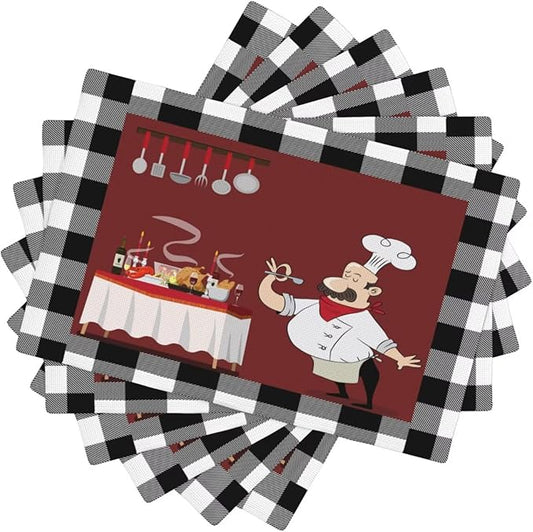 Chef Kitchen Linen Placemats Set of 6 Black White Buffalo Plaid Cooking Theme Placemats for Indoor Outdoor Party Home Desktop Dining Room Decor 12x18 Inch