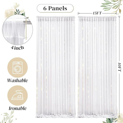 30ft x 10ft White Backdrop Curtain with Lights for Parties, Sheer Wedding Photo Backgrounds Tulle Drapes for Baby Shower Birthday Party Decorations Backdrop for Photography