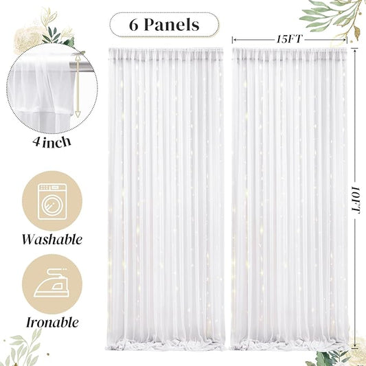 30ft x 10ft White Backdrop Curtain with Lights for Parties, Sheer Wedding Photo Backgrounds Tulle Drapes for Baby Shower Birthday Party Decorations Backdrop for Photography