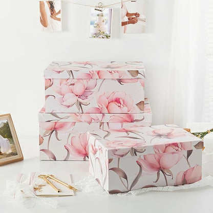 Soul & Lane Decorative Cardboard Storage Boxes with Lids for Home Decor and Organization, Set of 3 Large Keepsake Boxes for Memories & Gifts, Nesting Floral Photo Storage Containers, Peonies Paradise