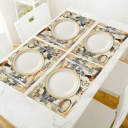 Halloween Placemats Vintage Rustic Farmhouse Gothic Dark Castle Halloween Witch Pumpkin Black Cat Raven Skull Moths Placemats Table Kitchen Dining Party 12x18 Inch Set of 4