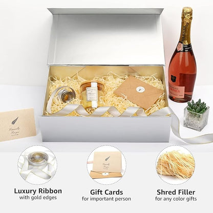 LIFELUM Gift Boxes with Lids, 1 Pack 13.8 x 8.3 x 4.4 inch Silver Gift Boxes with Ribbon, Card, Shredded Paper Filler for Presents, Graduation, Christmas, Birthdays