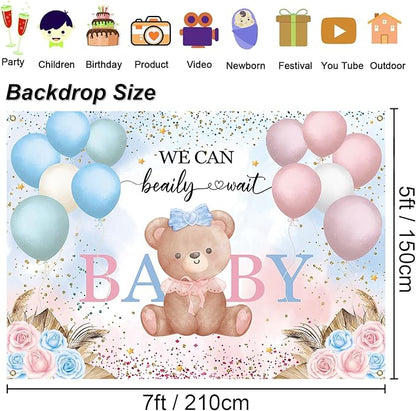 7x5ft Teddy Bear Gender Reveal Party Decorations, We Can Bearly Wait Baby Shower Backdrop, Blue Pink Balloon Floral Banner for Boy or Girl Baby Shower Photography Background