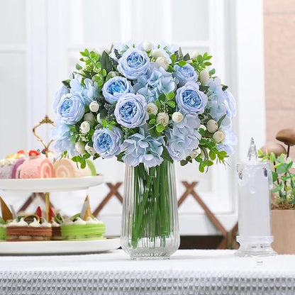 ASTRYAS 8Pcs Artificial Peonies Blue Silk Peonies Faux Flower Bouquet Fake Blue Peonies Artificial Flowers Table Centerpieces for Bridal Wedding Home Party Office Decoration Bulk