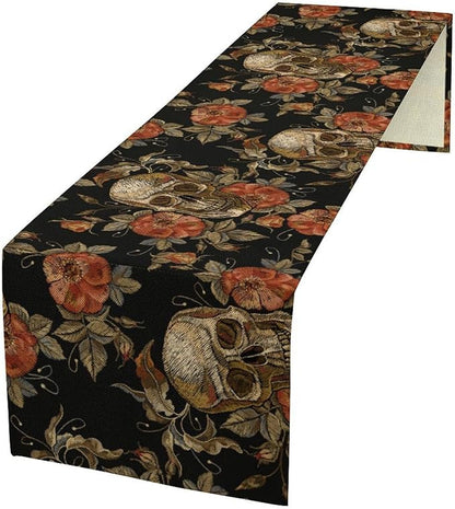 Gothic Table Runner,Vintage Skull Red Floral Pattern Table Runner for Home Kitchen Table Dining Garden Farmhouse Wedding Party Decor 13x108 Inch