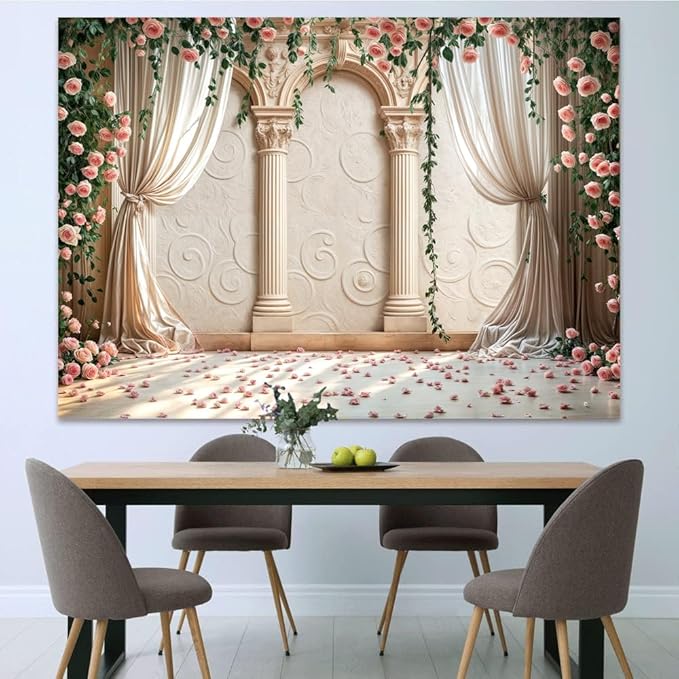 Wedding Party Backdrop, Floral Grass Wall White Sheer Curtain Flower Arch Photography Background, Greek Rose Wall Arch Lover Marriage Proposal Bridal Reception Photo Booth Props Banner 12x10ft