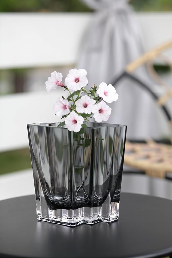 Glass - Vase - Gray - Smoky Black - Grey - Chevron Design - 5.5" Height - Heavy Durable - Made in Europe - by Barski