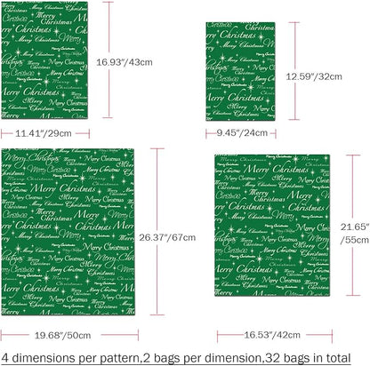 WesGen Christmas Gift Bags, 32Pcs Santa Wrapping Bag in 4 Sizes and 4 Designs with Ribbon Ties and Tags for Wrapping Holiday