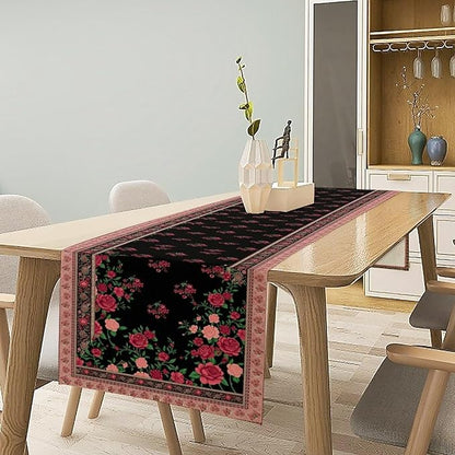 Romantic Rose Table Runner, Black Red Floral Blossoms Farmhouse Rustic Decor Table Runner for Kitchen Dining Home Party Wedding, 13x70 Inch