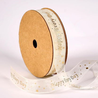 ‌SAYUAN Gold Ribbon 5/8 Inch x 30 Yards Organza Ribbon with Gold HappyEveryDay Pattern for Valentine's Day Birthday Christmas Gift Wrapping Handmade Crafts Floral Bouquet Wedding Party Decoration