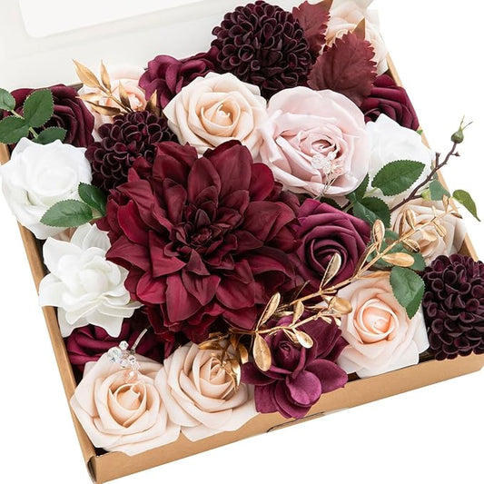 Ling's moment Fake Flowers Box, Faux Artificial Greenery Stems Foam Roses Gardenia Silk Dahlia Fabic Flower for Centerpieces Bouquet Wedding Vase Decorations, Marsala & Soft Peach, Grand Combo