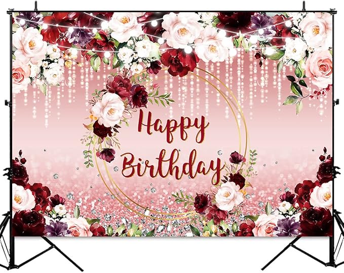 Sensfun Floral Happy Birthday Backdrop Burgundy Flowers Rose Gold Glitter Bokeh Spots Photo Background Vinyl Women Birthday Party Cake Table Decorations Photoshoot Banner (8x6ft)