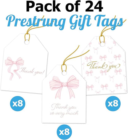 Pro Supply Global 24 Count of 2.5 Inch x 3 Inch Pre Strung Pink Bows Gift Tag Assorted Printed Designs on Large Cardstock Gift Hang Tags - Ideal to Use on Bags