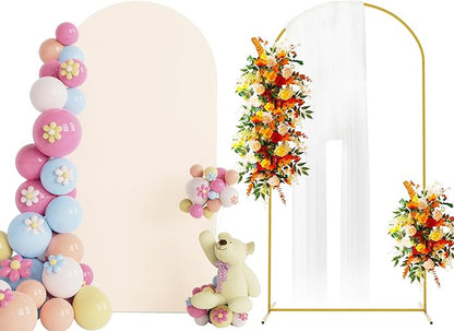 Putros 6.6ft Metal Arch Stand with Cover Beige Spandex Fitted Wedding Arch Cover and Round Top Chiara Backdrop Stand Set for Birthday Party Baby Shower Decoration