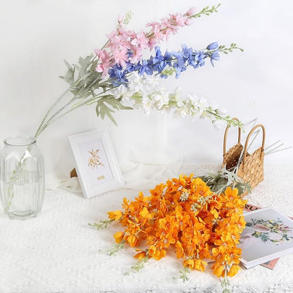8pcs Delphinium Artificial Flowers 33.5in Long Stem Larkspur Fake Silk Flowers for Tall Vase Faux Flowers for Home Wedding Baby Shower Floral Arrangement Centerpiece Table Decorations (Orange)