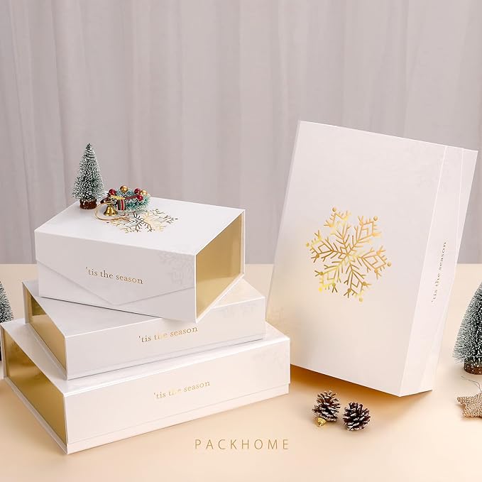 PACKHOME Large Christmas Gift Box 13.5x9x4.1 Inches, Sturdy Collapsible Gift Box with Magnetic Closure Lid (Gold Snowflake Pattern)