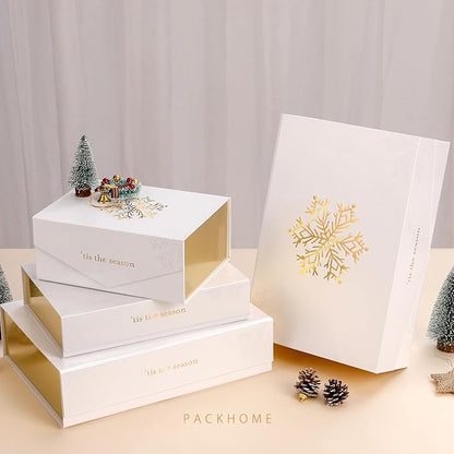 PACKHOME Large Christmas Gift Box 13.5x9x4.1 Inches, Sturdy Collapsible Gift Box with Magnetic Closure Lid (Gold Snowflake Pattern)
