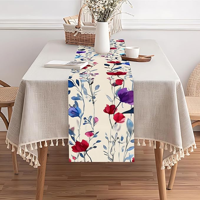 Elegant Watercolor Floral Table Runner – 13x72 Inch Linen-Look Fabric with Red, Blue & Purple Blooms on Beige Background, Perfect for Dining Room, Kitchen & Home Decor