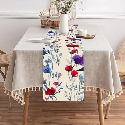 Elegant Watercolor Floral Table Runner – 13x72 Inch Linen-Look Fabric with Red, Blue & Purple Blooms on Beige Background, Perfect for Dining Room, Kitchen & Home Decor